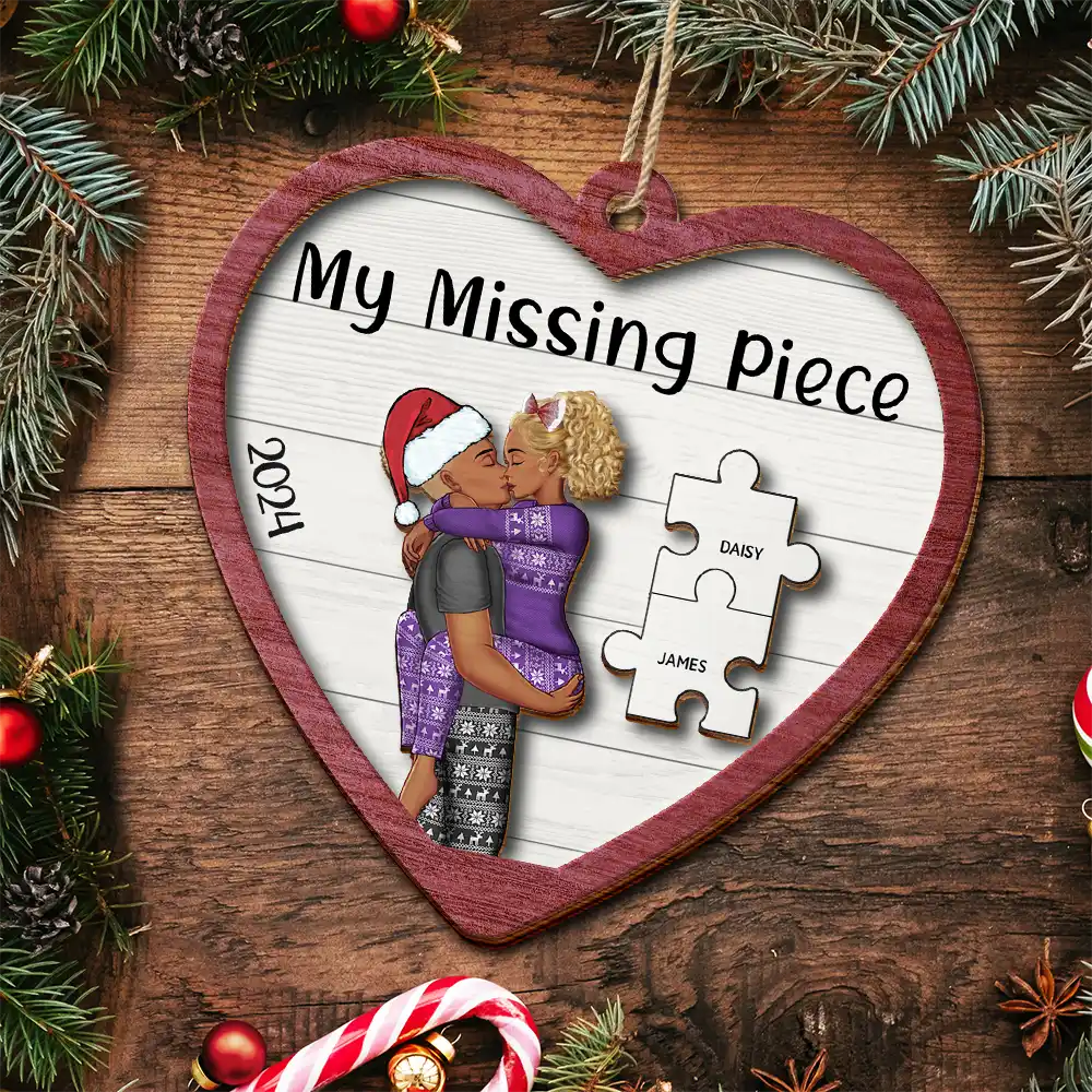 Gift For Couples - The Year I Found My Missing Piece Kissing Couples Heart Shape - Personalized 2-Layered Wooden Ornament