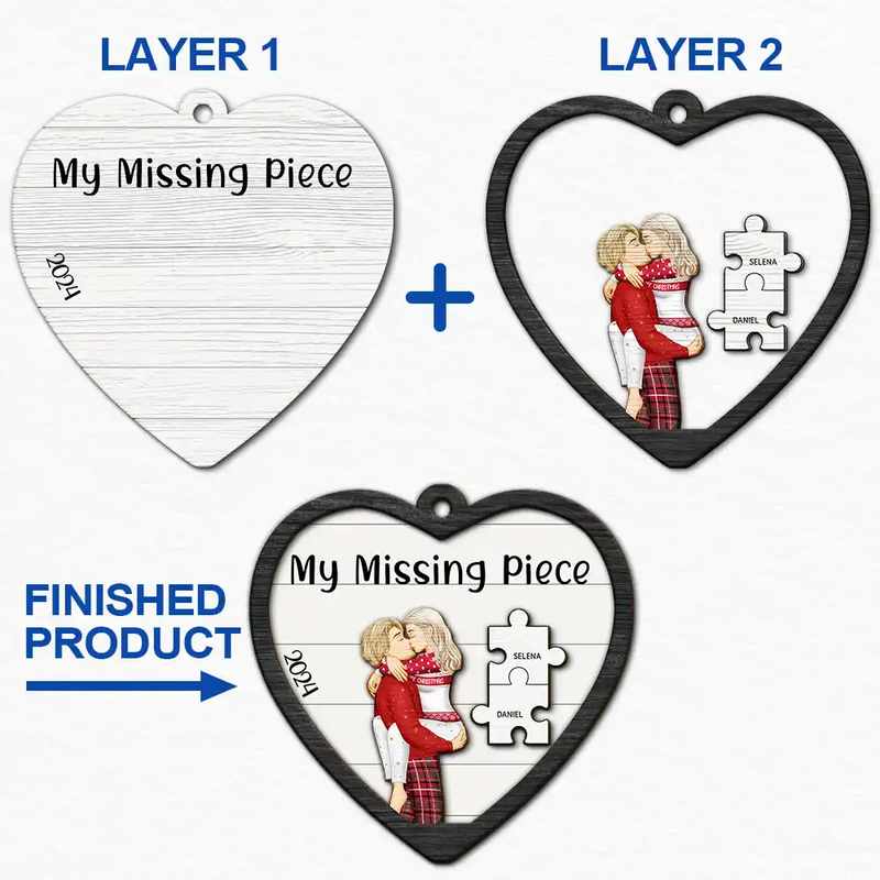 Gift For Couples - The Year I Found My Missing Piece Kissing Couples Heart Shape - Personalized 2-Layered Wooden Ornament