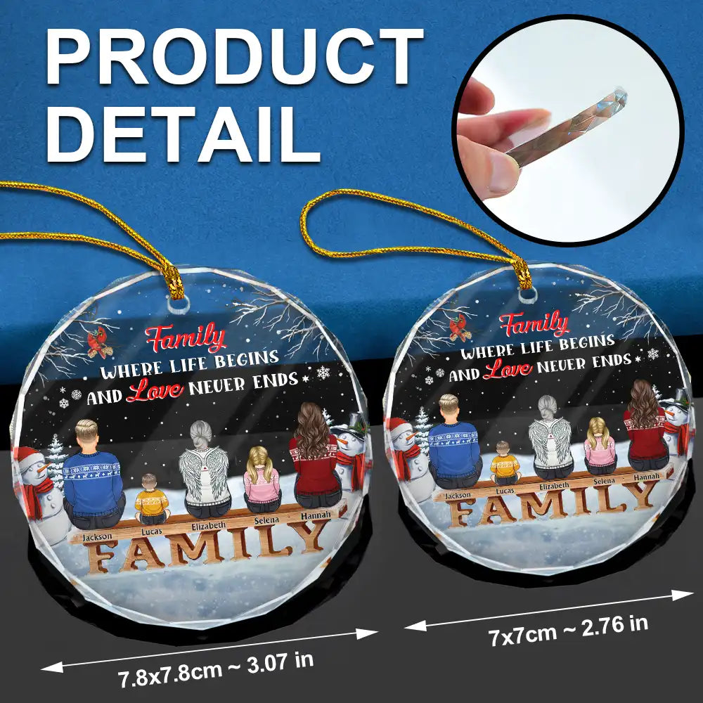 Christmas,Family,Parents,Gift For Grandparents,Gift For Sibling,Love,Memorial - Family Where Begins And Love Never Ends Memorial - Personalized Circle Glass Ornament