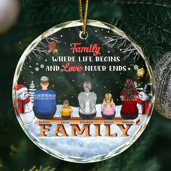 Christmas,Family,Parents,Gift For Grandparents,Gift For Sibling,Love,Memorial - Family Where Begins And Love Never Ends Memorial - Personalized Circle Glass Ornament