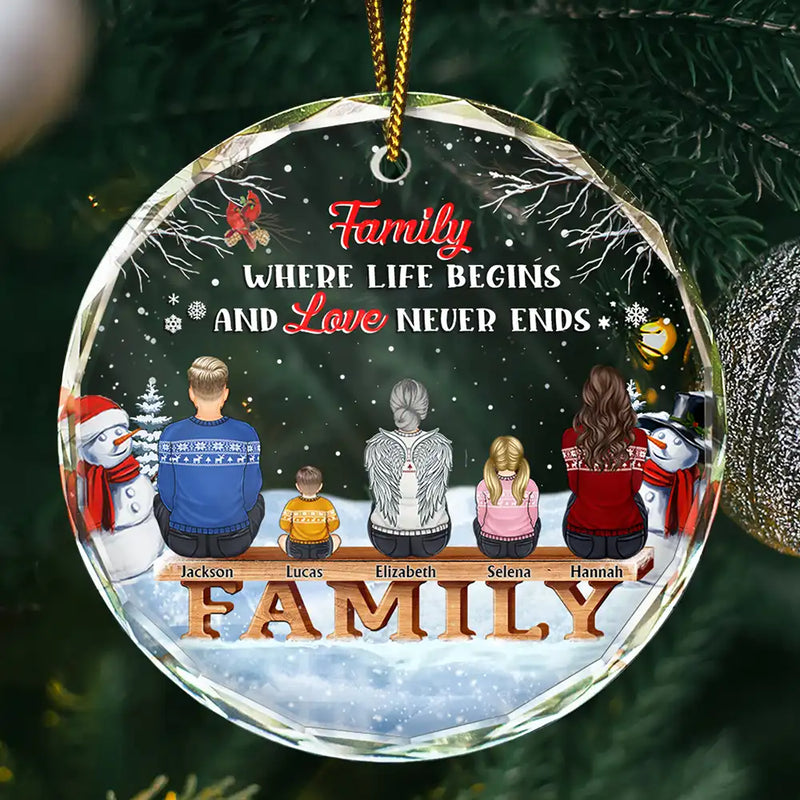 Christmas,Family,Parents,Gift For Grandparents,Gift For Sibling,Love,Memorial - Family Where Begins And Love Never Ends Memorial - Personalized Circle Glass Ornament