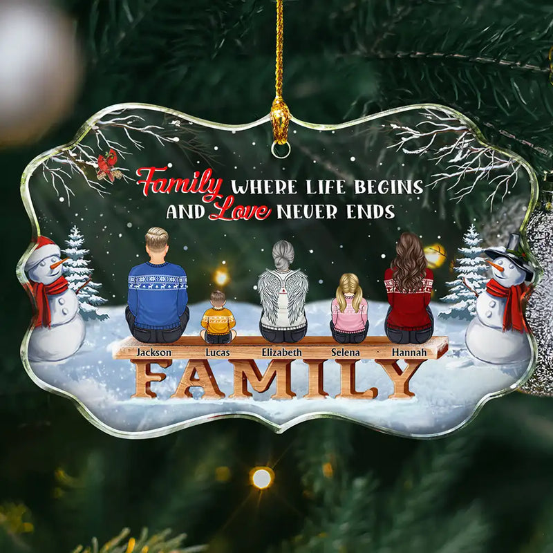 Christmas,Family,Parents,Gift For Grandparents,Gift For Sibling,Love,Memorial - Family Where Begins And Love Never Ends Memorial - Personalized Medallion Glass Ornament