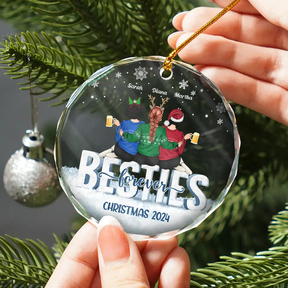 Gift For Bestie, Gifts For Colleagues - Besties Forever Christmas Sisters Backside - Personalized Circle Glass Ornament