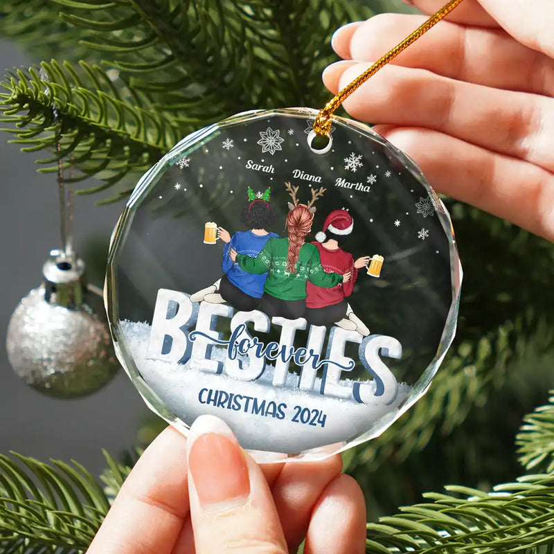Gift For Bestie, Gifts For Colleagues - Besties Forever Christmas Sisters Backside - Personalized Circle Glass Ornament