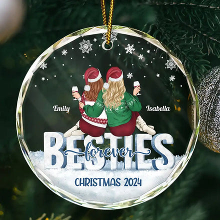 Décoration de Noël personnalisée en forme de cercle en verre avec inscription « Besties Forever Christmas Sisters » 