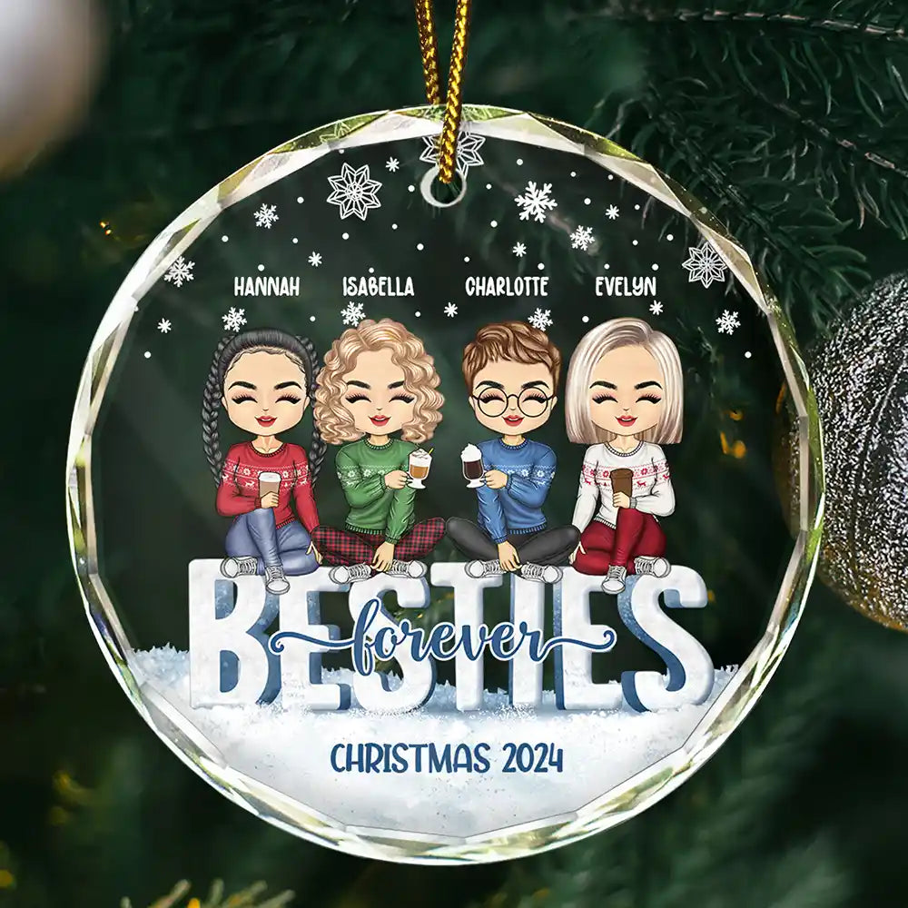 Besties Forever Christmas Sisters Chibi - Personalized Circle Glass Ornament