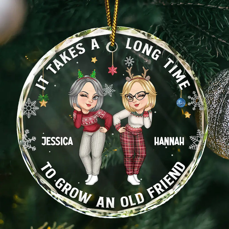 Gift For Bestie,Gifts For Colleagues,Happy,Christmas - It Takes A Long Time To Grow An Old Friend Christmas Friendship - Personalized Circle Glass Ornament