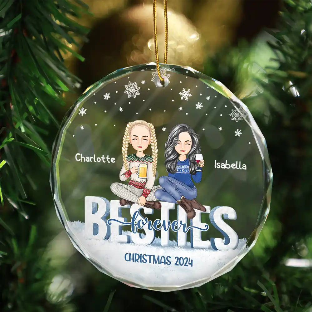 Gift For Bestie - Besties Forever Christmas Sisters Cartoon - Personalized Circle Glass Ornament