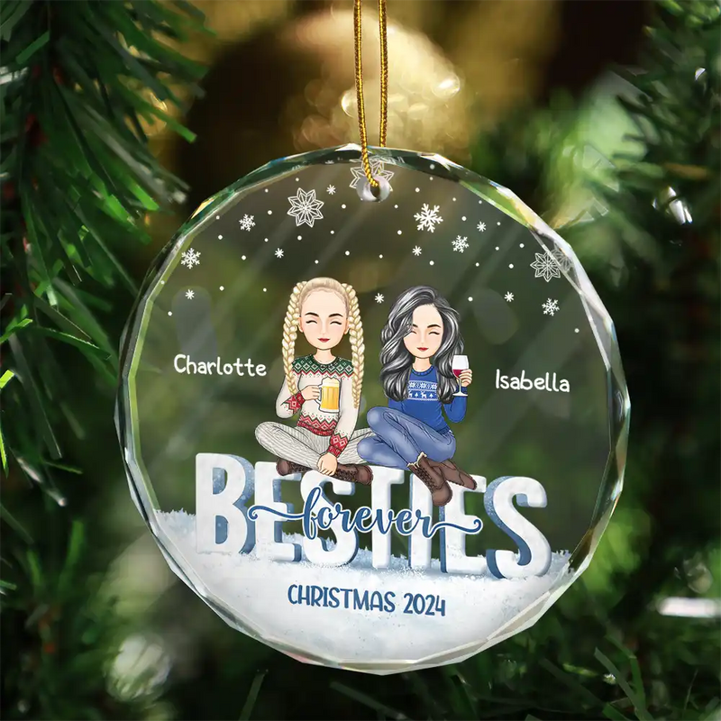 Gift For Bestie - Besties Forever Christmas Sisters Cartoon - Personalized Circle Glass Ornament