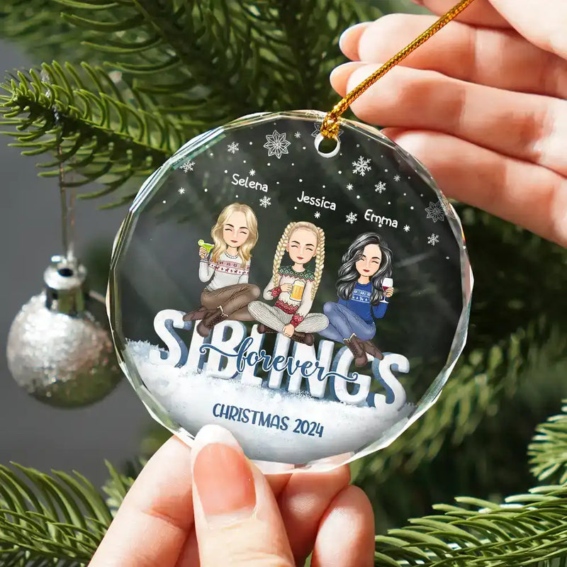 Gift For Bestie - Besties Forever Christmas Sisters Cartoon - Personalized Circle Glass Ornament