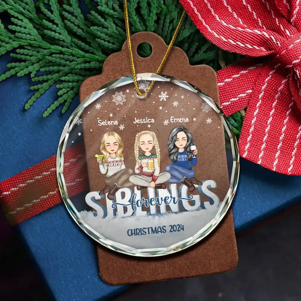 Gift For Bestie - Besties Forever Christmas Sisters Cartoon - Personalized Circle Glass Ornament