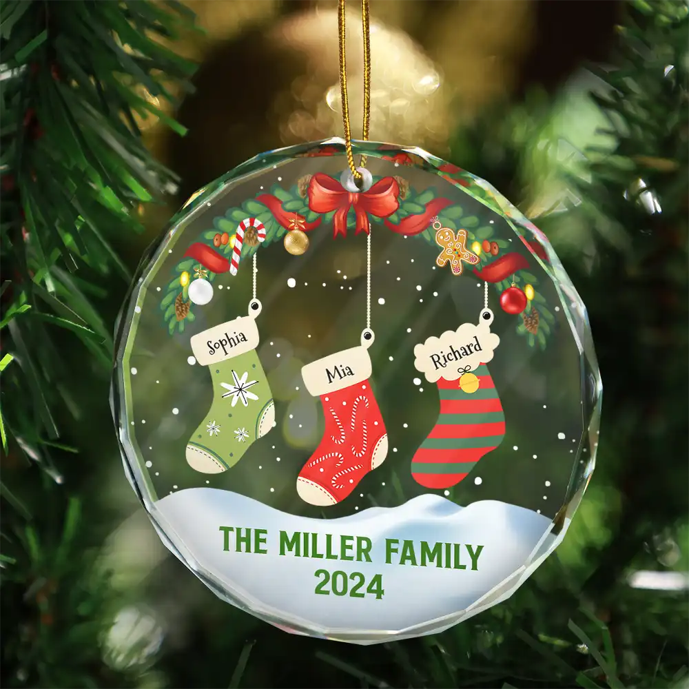 Family - Family Christmas Stockings Parents Kids Pets - Personalized Circle Glass Ornament