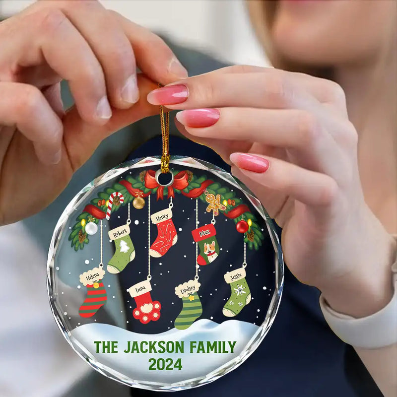 Family - Family Christmas Stockings Parents Kids Pets - Personalized Circle Glass Ornament
