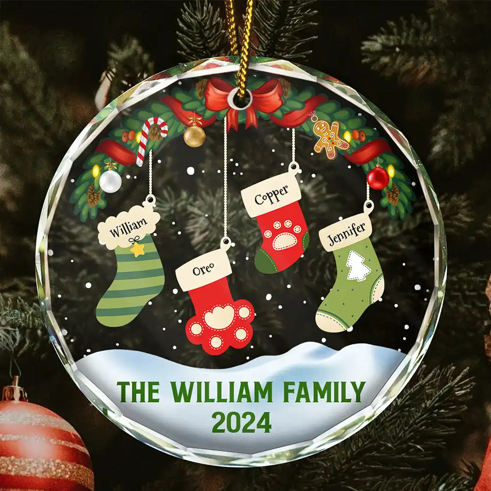 Family Christmas Stockings Parents Kids Pets - Personalized Circle Glass Ornament