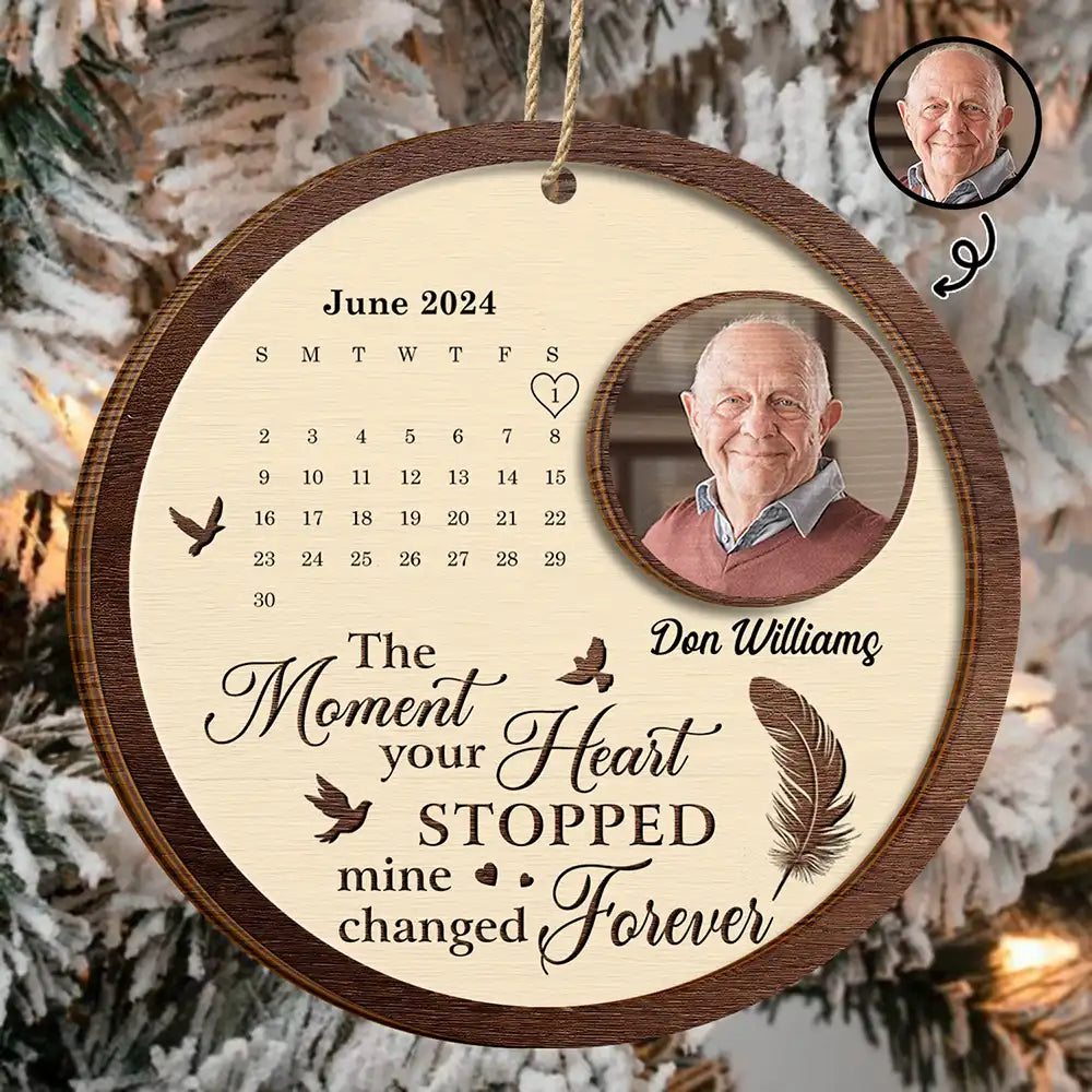Custom Photo The Moment Your Heart Stopped Memorial Calendar - Personalized 2-Layered Wooden Ornament