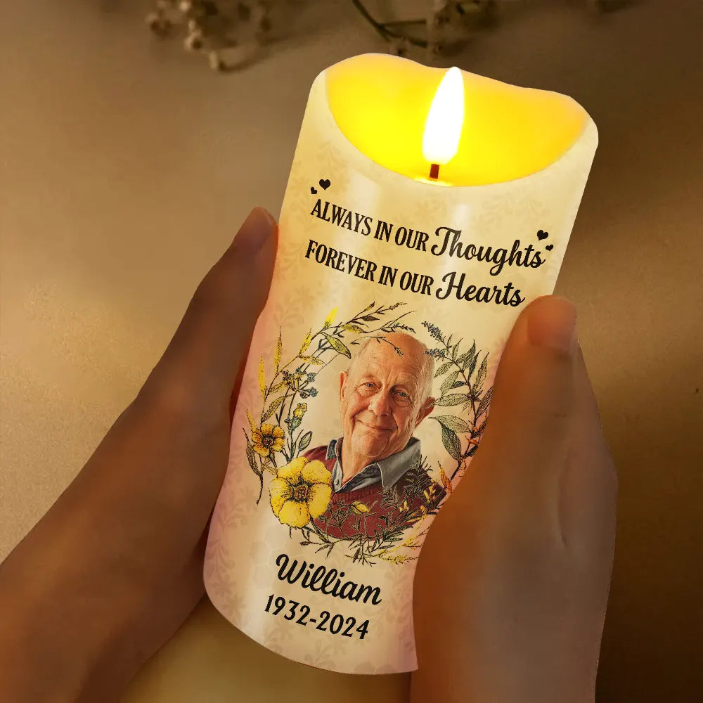 Memorial, Family - Custom Photo Forever In Our Hearts - Personalized Flameless LED Candle