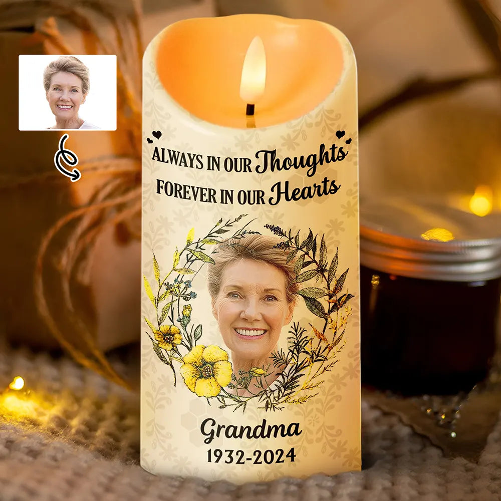 Memorial, Family - Custom Photo Forever In Our Hearts - Personalized Flameless LED Candle