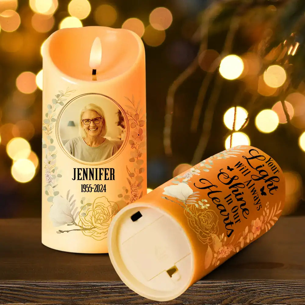 Memorial, Family - Custom Photo Your Light Will Always Shine In Our Hearts Memorial - Personalized Flameless LED Candle