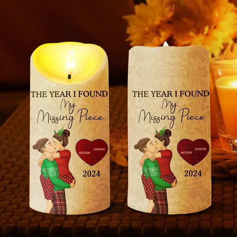 Christmas,Love,Gift For Couples,Gift For Husband,Gift For Wife,Gift For Boyfriend,Gift For Girlfriend,Anniversary - The Year I Found My Missing Piece Kissing Couples - Personalized Flameless LED Candle