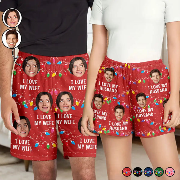 Christmas,Love,Gift For Couples,Gift For Husband,Gift For Wife,Gift For Boyfriend,Gift For Girlfriend - Custom Photo Christmas I Love My Wife - Personalized Pajama Shorts