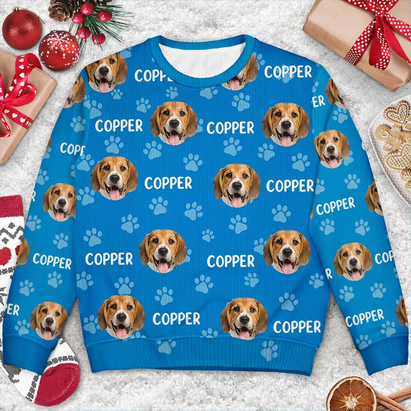 Dog Lovers,Pet Lovers,Cat Lovers,Happy - Custom Photo Funny Pet Face Pattern Dog Cat Family - Personalized Unisex Ugly Sweater