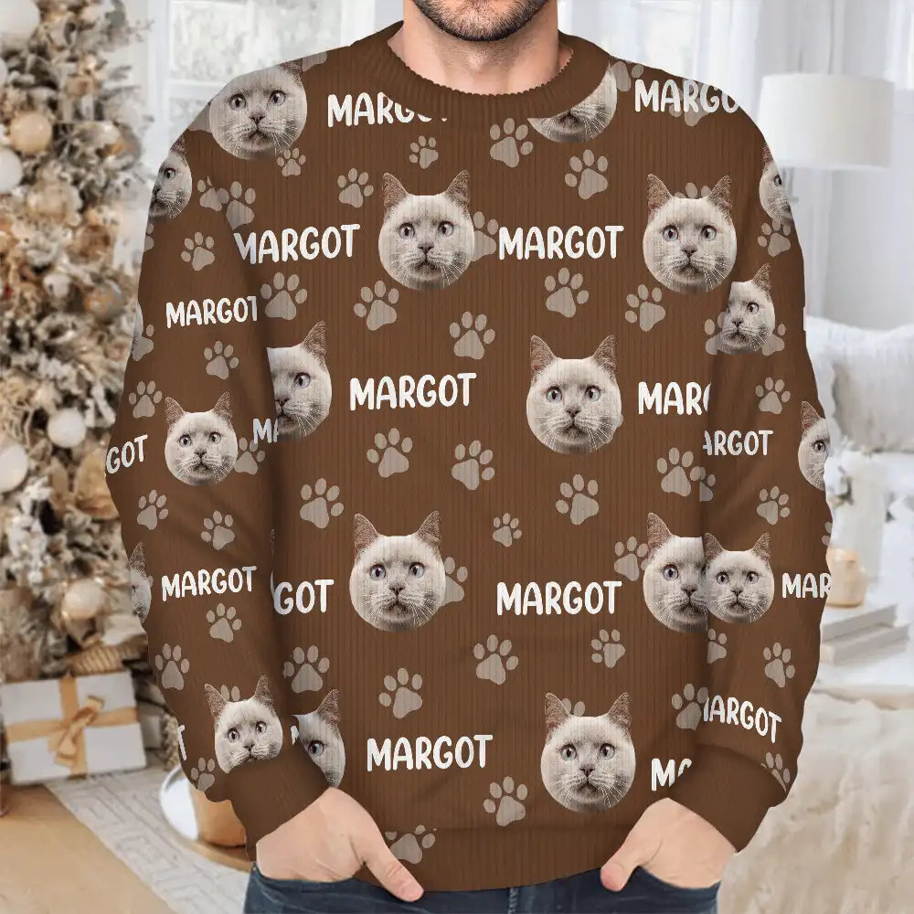 Dog Lovers,Pet Lovers,Cat Lovers,Happy - Custom Photo Funny Pet Face Pattern Dog Cat Family - Personalized Unisex Ugly Sweater
