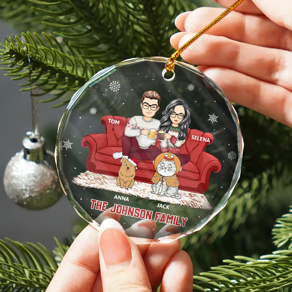 Christmas, Gift For Couples - Cartoon Couple With Kids And Pets - Personalized Circle Glass Ornament
