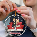 Cartoon Couple With Kids And Pets - Personalized Circle Glass Ornament