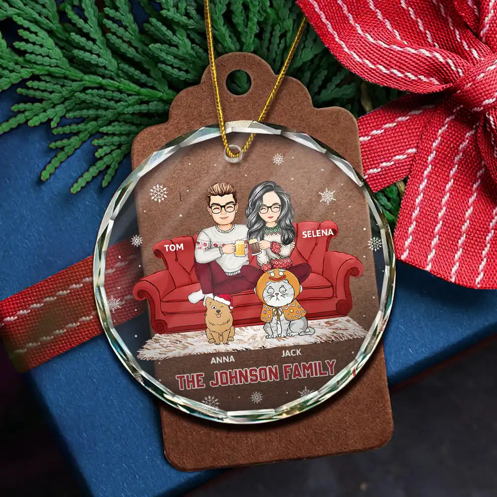 Cartoon Couple With Kids And Pets - Personalized Circle Glass Ornament