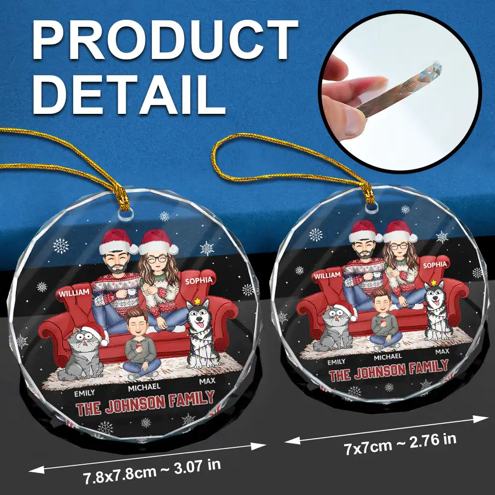 Cartoon Couple With Kids And Pets - Personalized Circle Glass Ornament