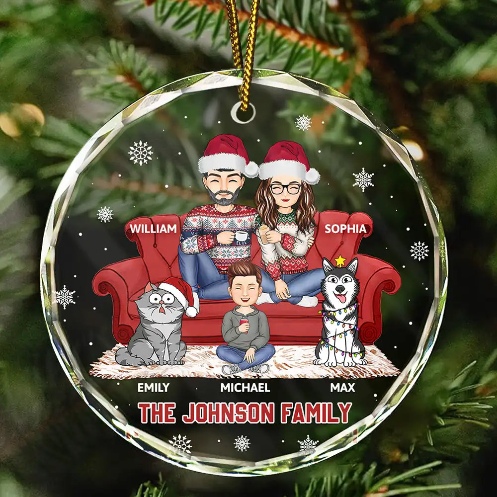 Christmas, Gift For Couples - Cartoon Couple With Kids And Pets - Personalized Circle Glass Ornament

