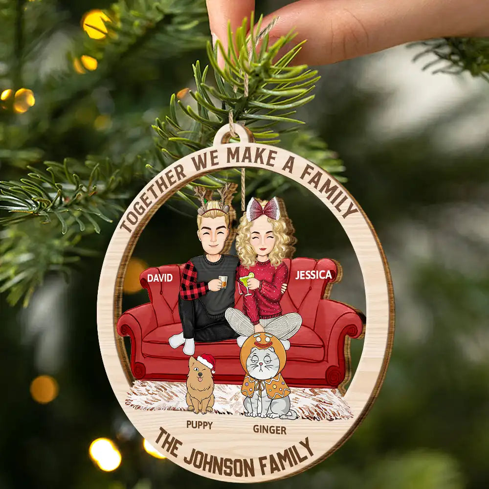Gift For Couples, Happy, Family, Pet Lovers - Cartoon Couple With Kids And Pets - Personalized Wooden Cutout Ornament
