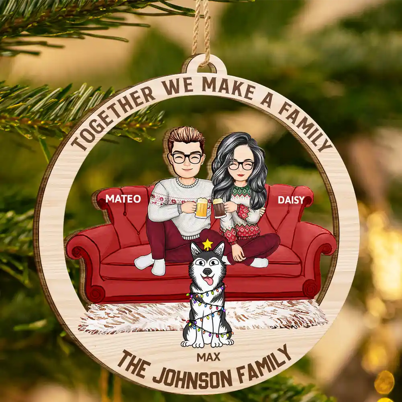 Cartoon Couple With Kids And Pets - Personalized Wooden Cutout Ornament