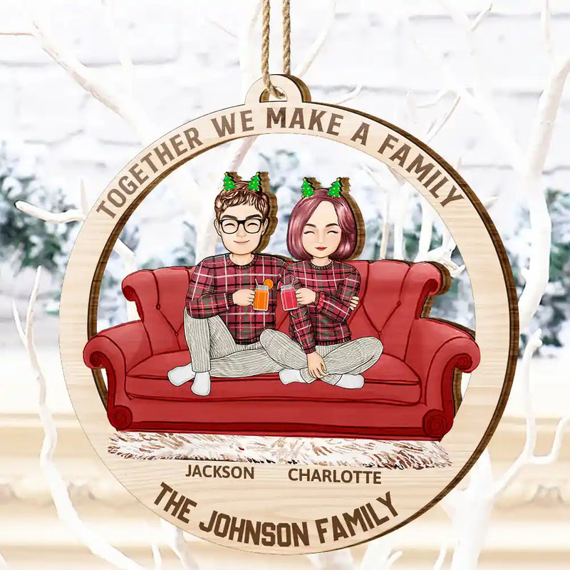 Cartoon Couple With Kids And Pets - Personalized Wooden Cutout Ornament