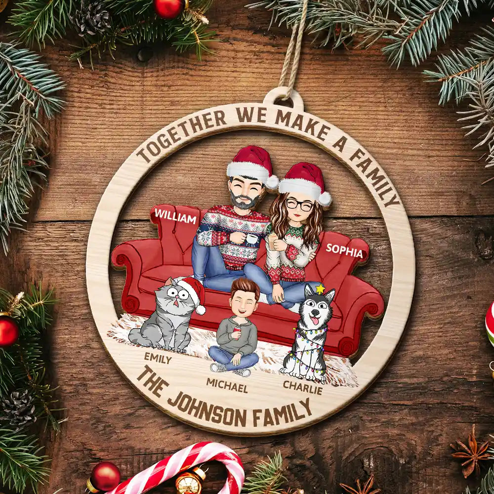 Gift For Couples, Happy, Family, Pet Lovers - Cartoon Couple With Kids And Pets - Personalized Wooden Cutout Ornament
