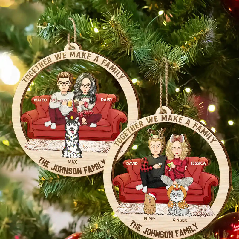 Gift For Couples, Happy, Family, Pet Lovers - Cartoon Couple With Kids And Pets - Personalized Wooden Cutout Ornament
