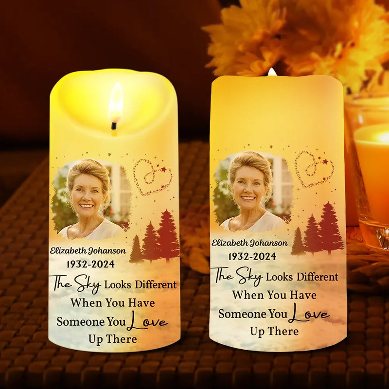Family, Parents, Gift For Grandparents, Gift For Sibling, Memorial - Custom Photo The Sky Looks Different Memorial Family - Personalized Flameless LED Candle
