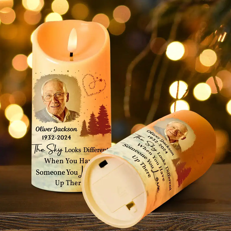 Family, Parents, Gift For Grandparents, Gift For Sibling, Memorial - Custom Photo The Sky Looks Different Memorial Family - Personalized Flameless LED Candle
