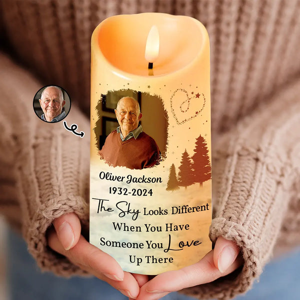 Family, Parents, Gift For Grandparents, Gift For Sibling, Memorial - Custom Photo The Sky Looks Different Memorial Family - Personalized Flameless LED Candle
