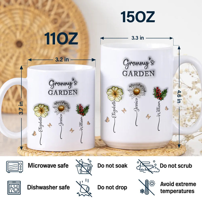 Gift For Mother, Gift For Grandma, Gift For Women, Gift For Yourself, Gift For Wife - Grandma's Garden Birth Flowers - 3D Inflated Effect Printed Mug, Personalized White Edge-to-Edge Mug