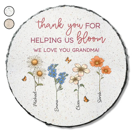 Merci de nous aider à fleurir les fleurs de naissance de grand-mère maman - Pierre de jardin commémorative circulaire personnalisée