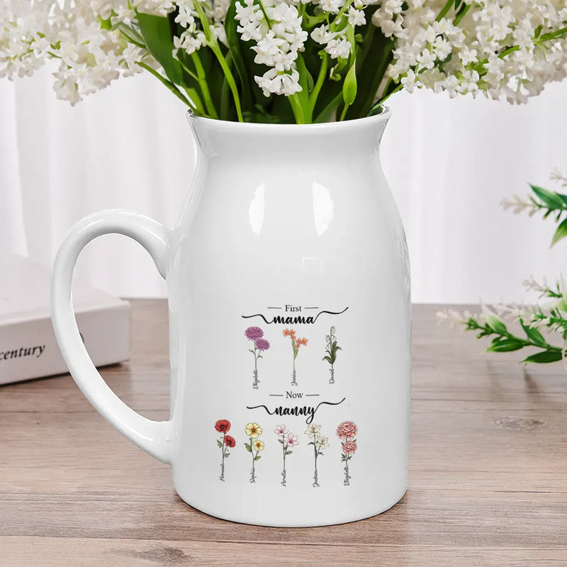 Gift For Grandma, Gift For Mother - First Mom Now Grandma Birth Flowers - Personalized Ceramic Flower Vase
