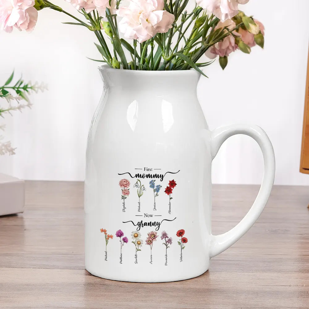 First Mom Now Grandma Birth Flowers - Personalized Ceramic Flower Vase