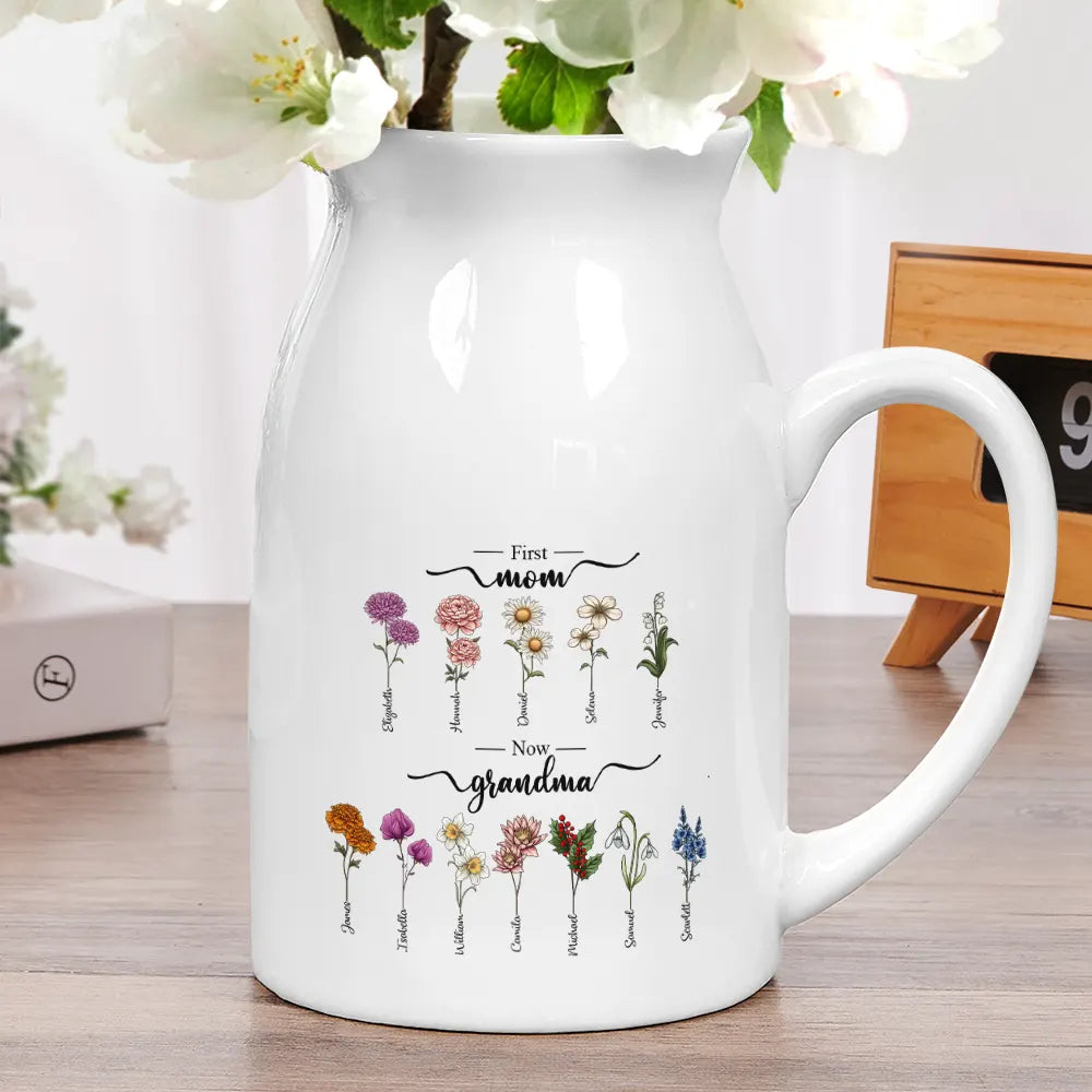Gift For Grandma, Gift For Mother - First Mom Now Grandma Birth Flowers - Personalized Ceramic Flower Vase
