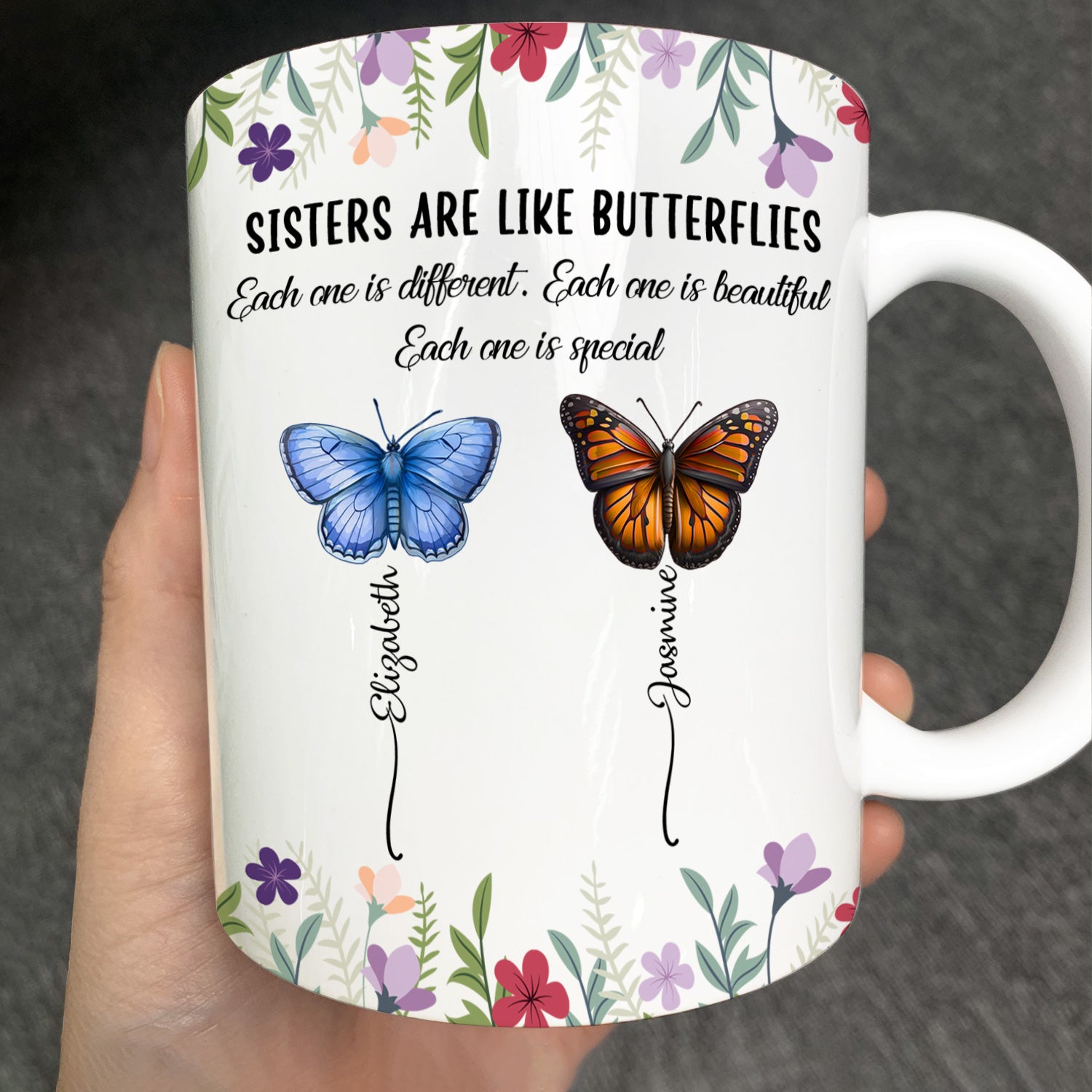 Sisters Are Like Butterflies - Personalized White Edge-to-Edge Mug