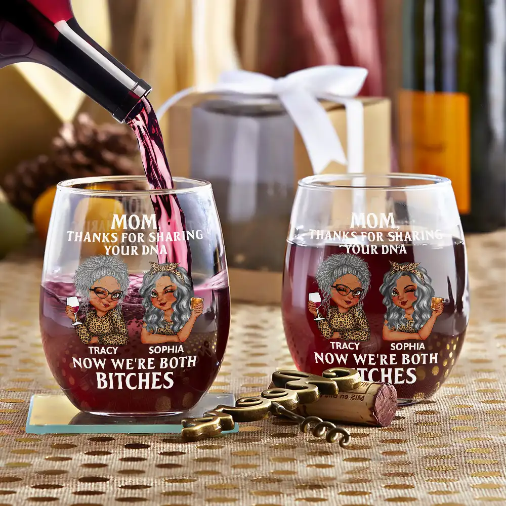Gift For Mother, Mom - Daughters (Adult), Gift For Daughter - Mom Thanks For Sharing Your DNA - Personalized Stemless Wine Glass