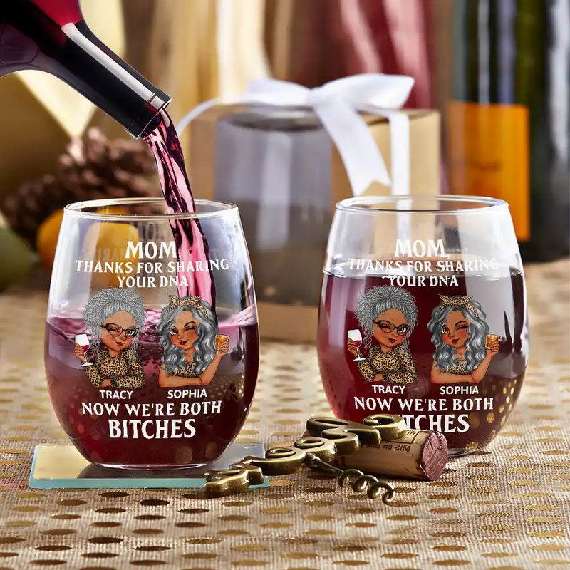 Gift For Mother, Mom - Daughters (Adult), Gift For Daughter - Mom Thanks For Sharing Your DNA - Personalized Stemless Wine Glass