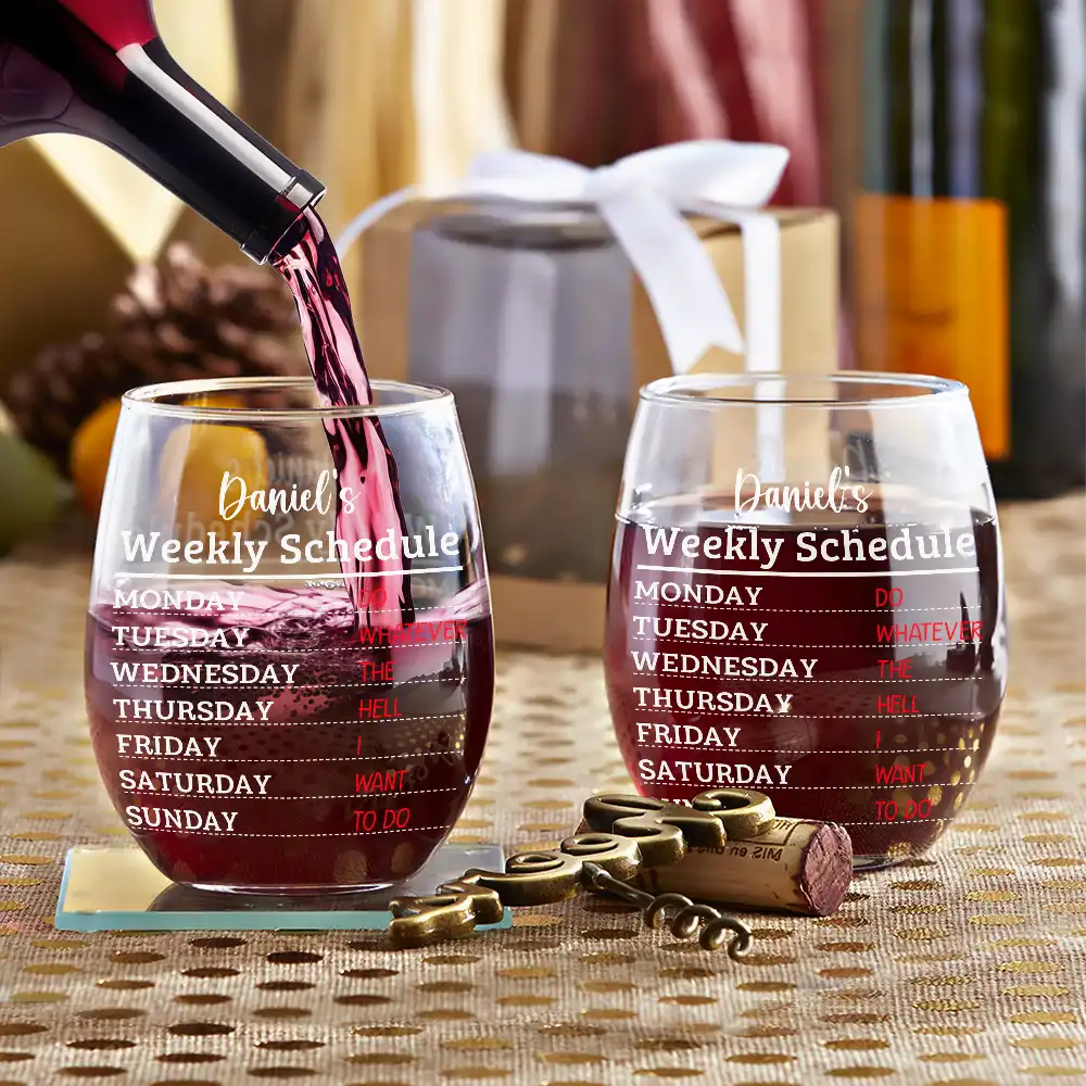Retirement, Gift For Grandparents, Parents, Gift For Yourself, Gift For Men, Gift For Women, Gifts For Colleagues - Retirement Weekly Schedule - Personalized Stemless Wine Glass