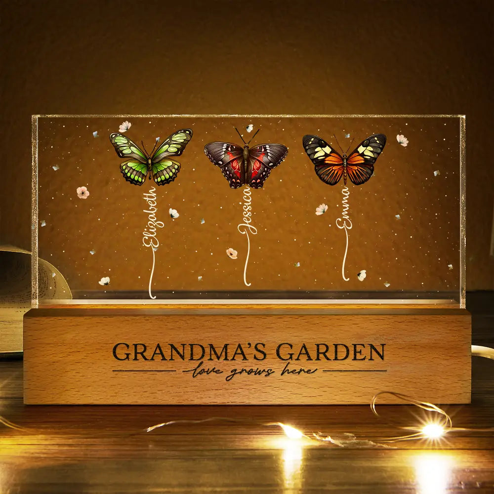 Happy,Gift For Grandma,Gift For Mother,Gift For Wife - Grandma's Garden Birth Butterflies - Personalized Rectangle LED Light