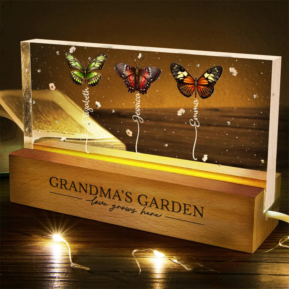 Happy,Gift For Grandma,Gift For Mother,Gift For Wife - Grandma's Garden Birth Butterflies - Personalized Rectangle LED Light